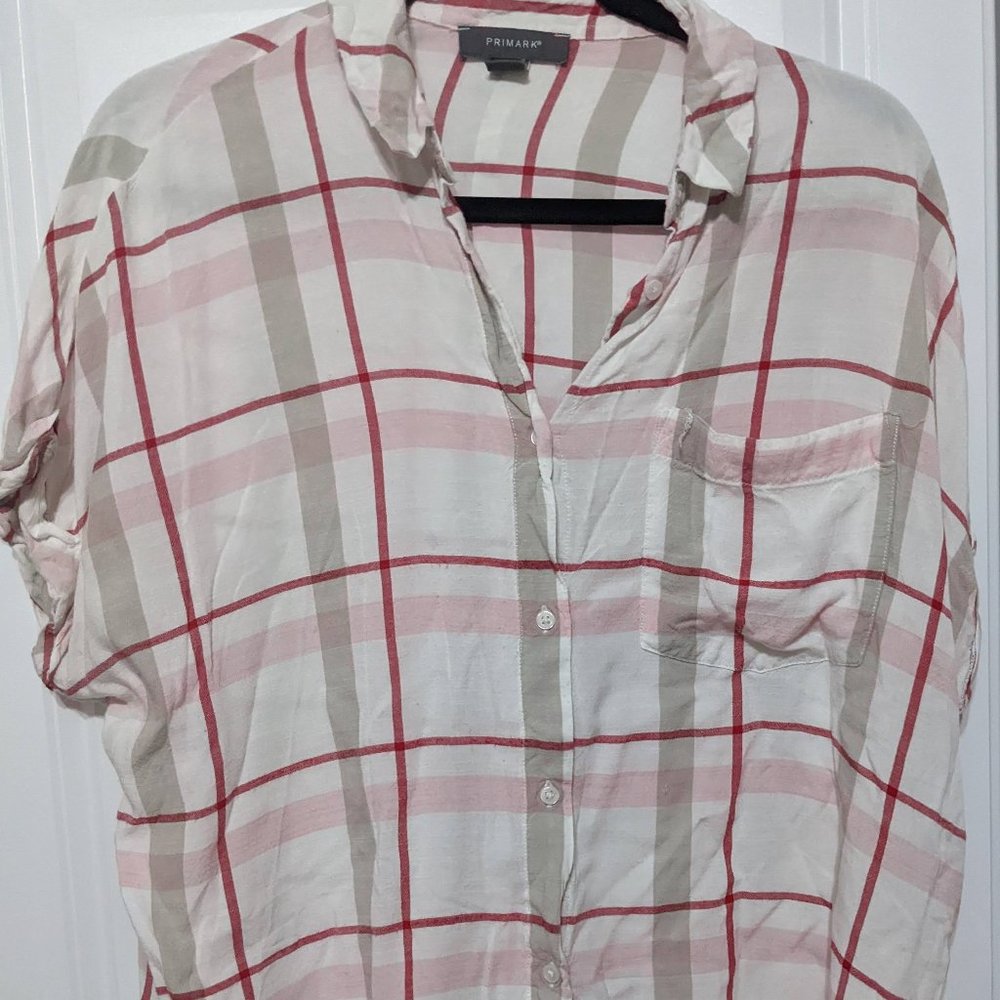 Primark White Red Pink Plaid Flannel-Style Button Down T-Sleeve Shirt Size US 10